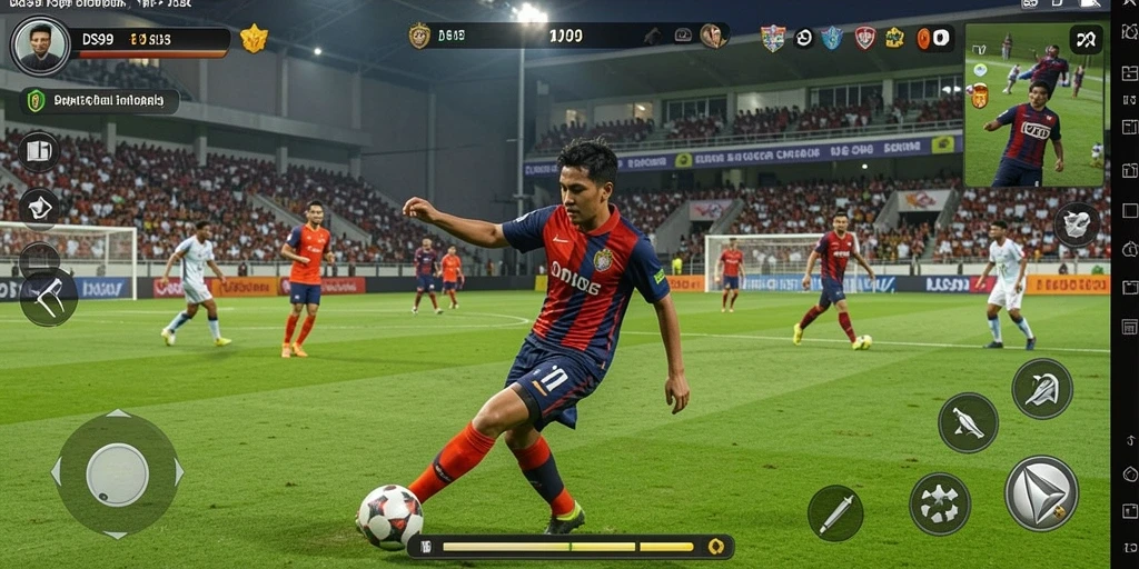 Screenshot utama DS99 menampilkan aksi seru dalam permainan sepak bola.
