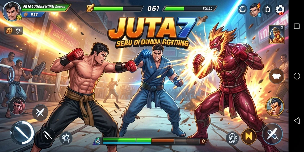 Tangkapan layar utama JUTA7 menampilkan duel epik antara karakter bertarung.