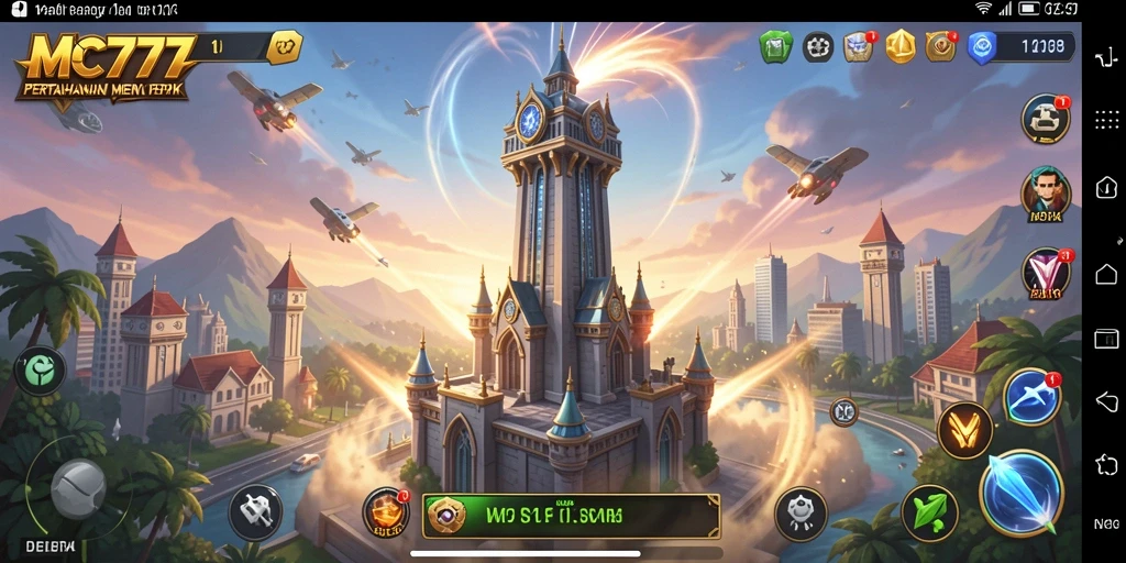 Screenshot utama MC777 menampilkan aksi menara pertahanan yang menantang.